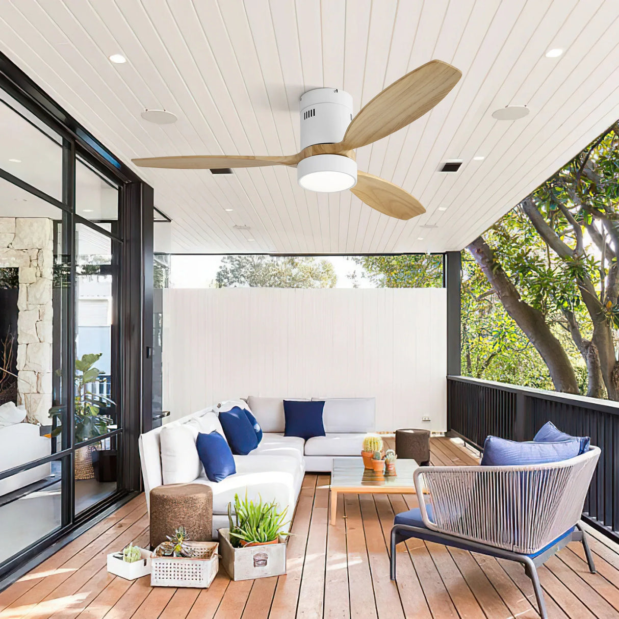 52-Inch Modern Wooden Flush Mount Ceiling Fan With Light - Omega Lifestyles