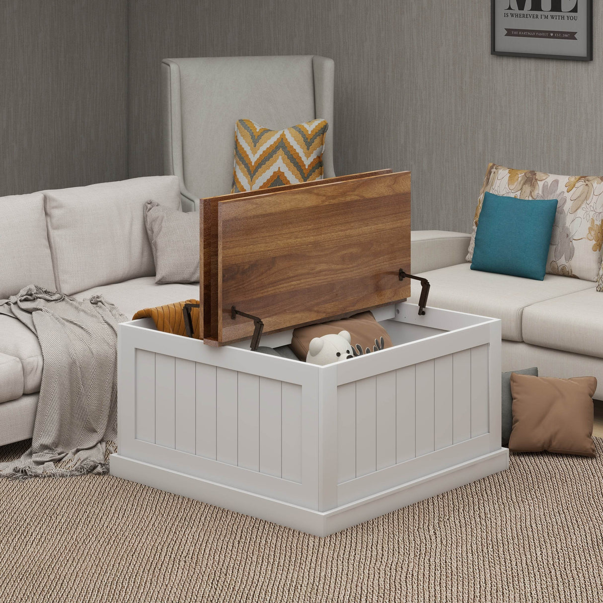 Farmhouse Style Square Coffee Table With Lift Top Storage - Sleep Galleria
