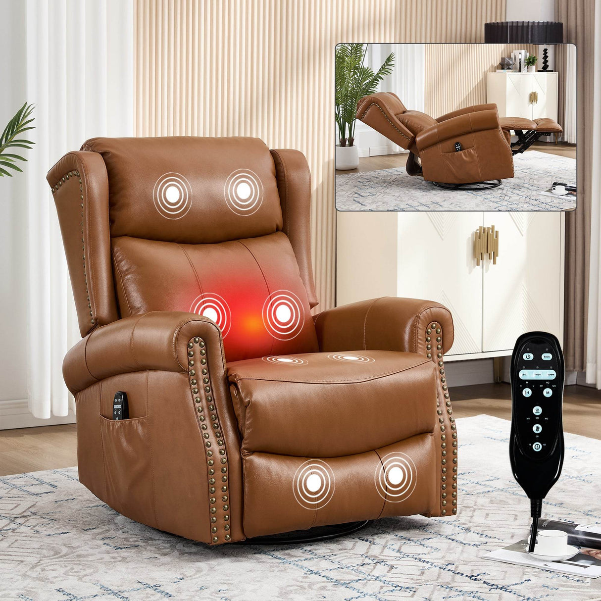 Medium-Firm Genuine Leather Heat Massage Recliner Chair