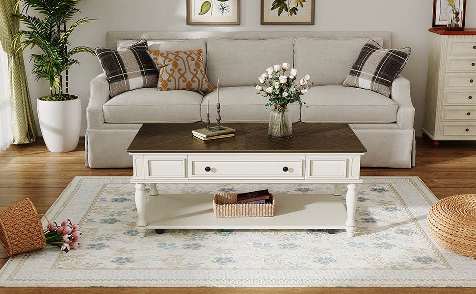 Mid-Century Farmhouse Coffee Table With Drawer Wheels - Sleep Galleria