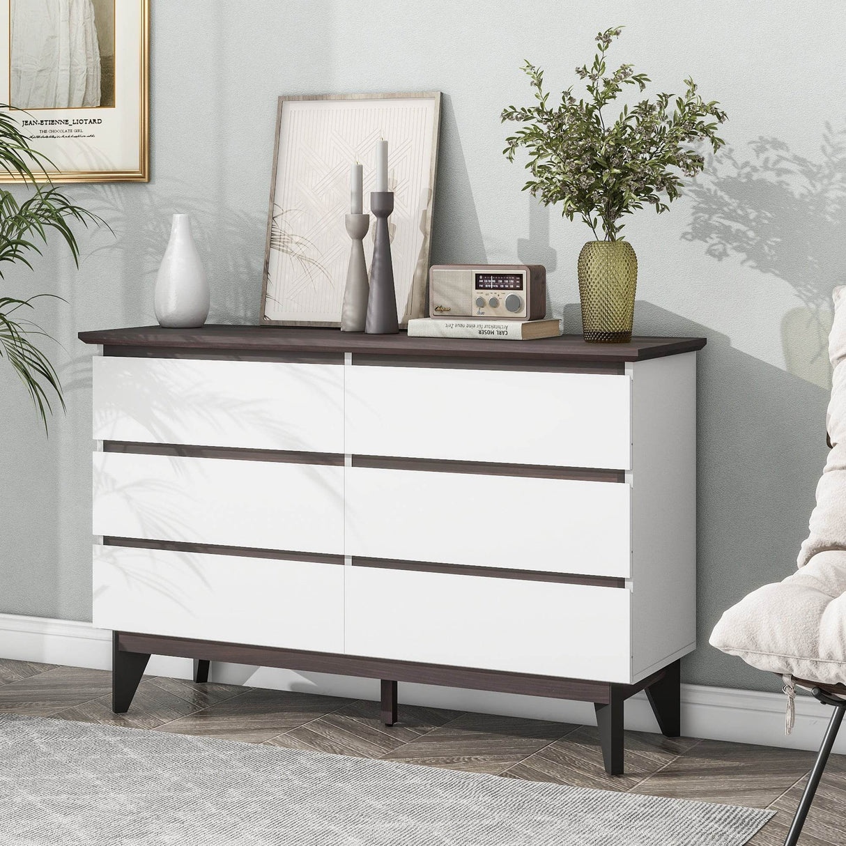 6-Drawer White Particle Board Storage Dresser Cabinet