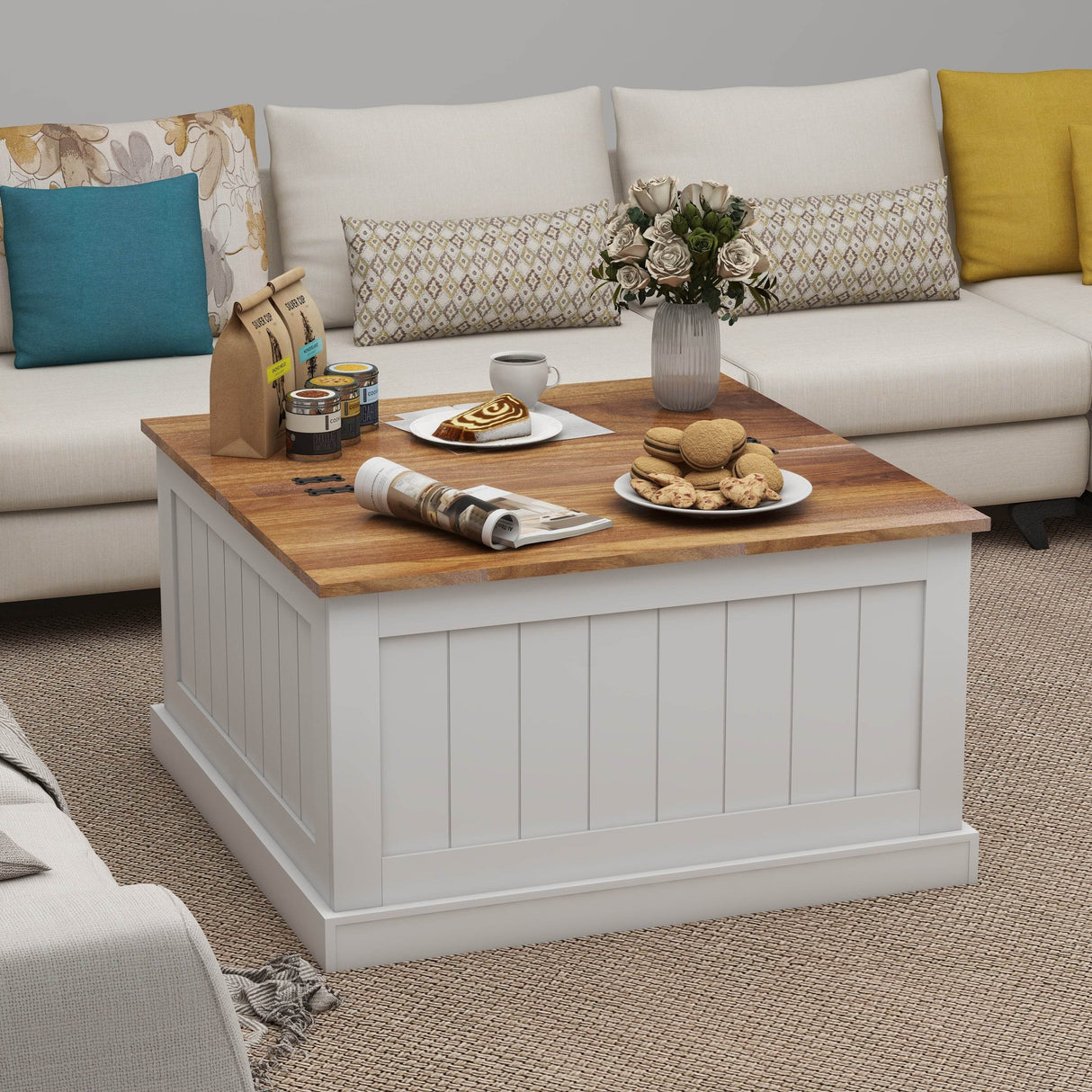 Farmhouse Style Square Coffee Table With Lift Top Storage - Sleep Galleria