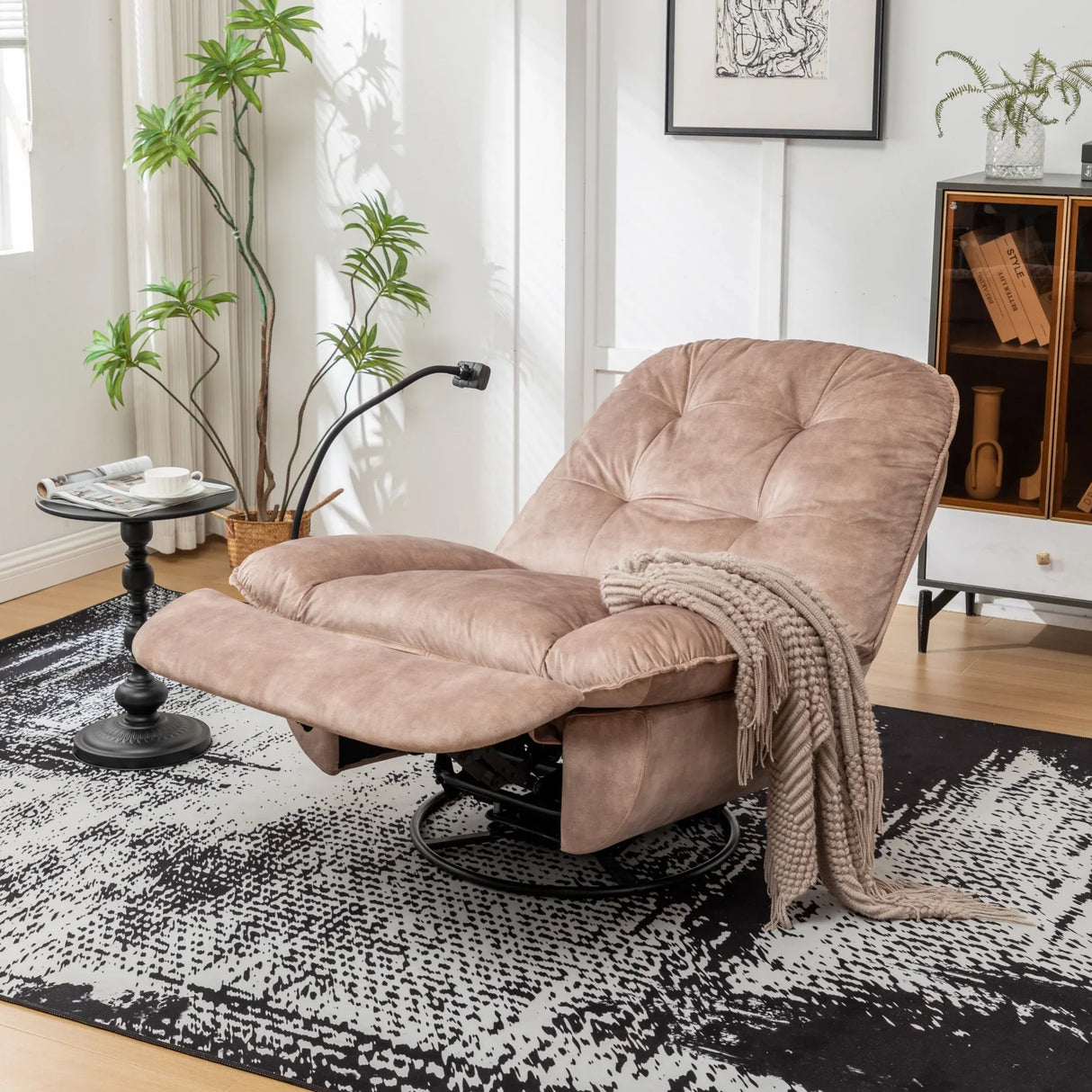 Modern Soft Velvet Swivel Gliding Recliner Chair With Phone Holder - Omega Lifestyles