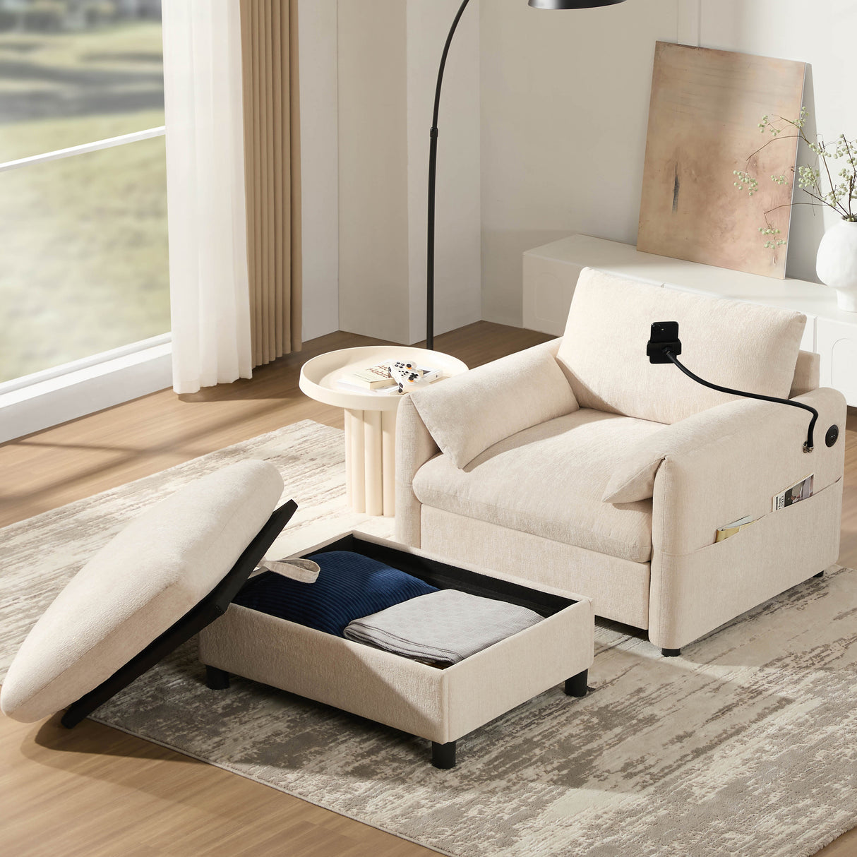 Modern Chenille Single Sofa With Storage Ottoman And Charger