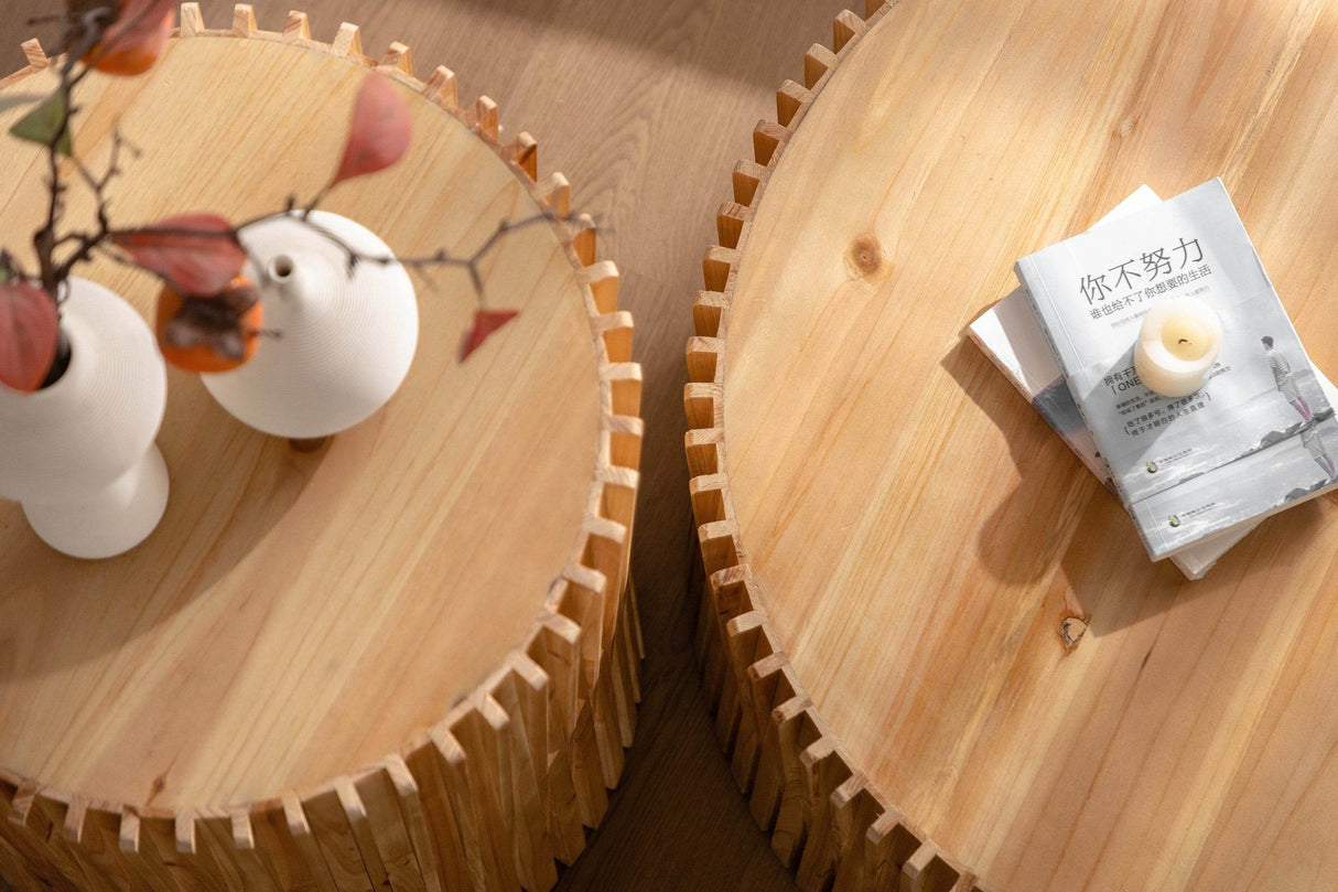 Set of 2 Natural MDF Fir Round Coffee Tables - Omega Lifestyles
