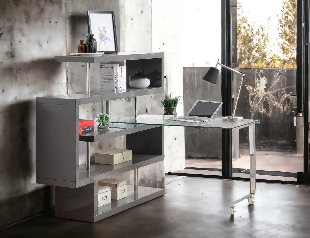 Modern Clear Glass Chrome Finish Swivel Writing Desk - Omega Lifestyles