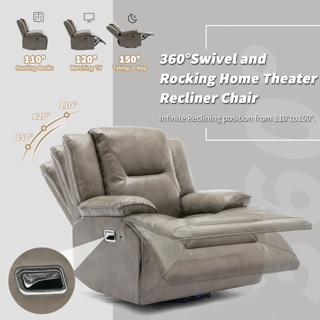 Modern 3-Seater Grey Leather Gel Recliner Chair With LED Light - Omega Lifestyles