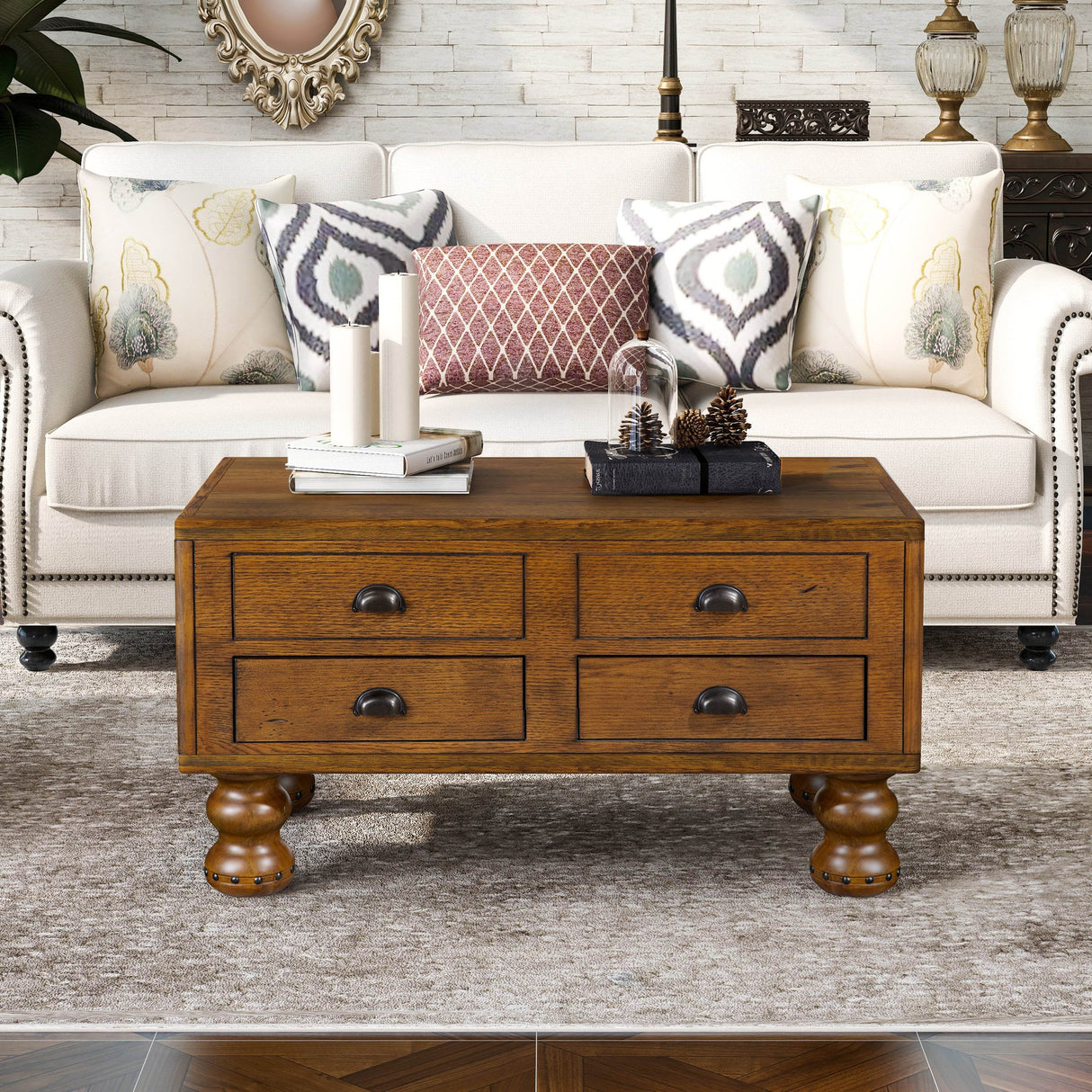 Solid Wood 40-Inch Antique Coffee Table With Drawers - Sleep Galleria