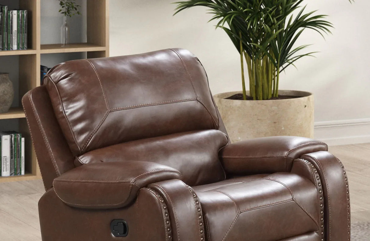 Transitional Brown Leatherette Recliner With Nailhead Trim - Omega Lifestyles