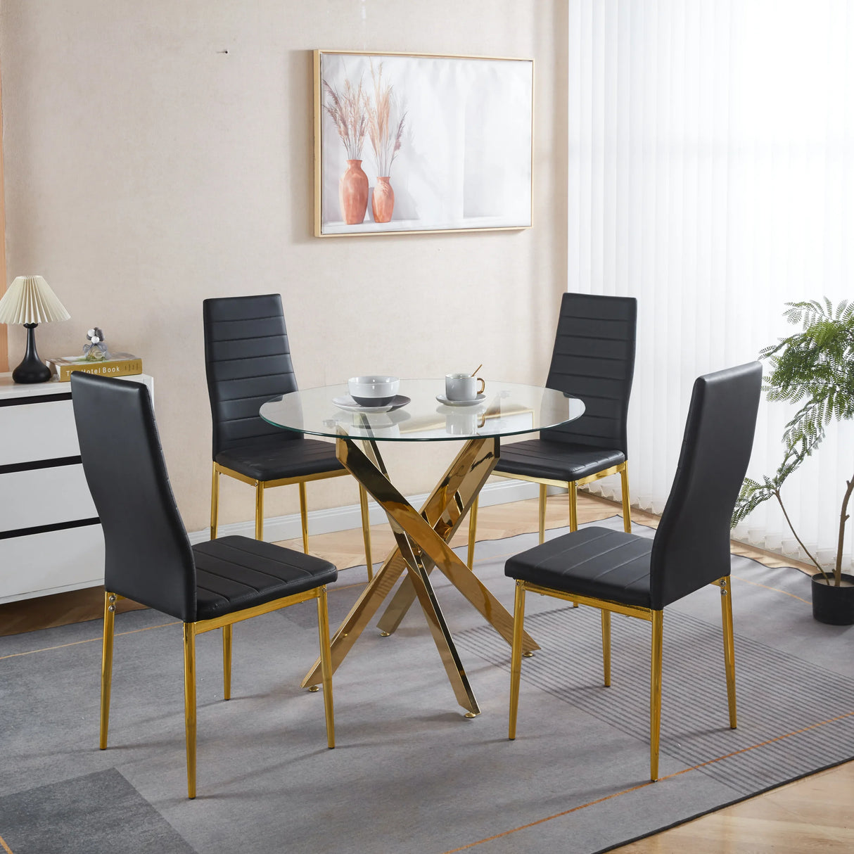 5-Piece Mid-Century Glass Top Metal Leg Dining Set - Omega Lifestyles