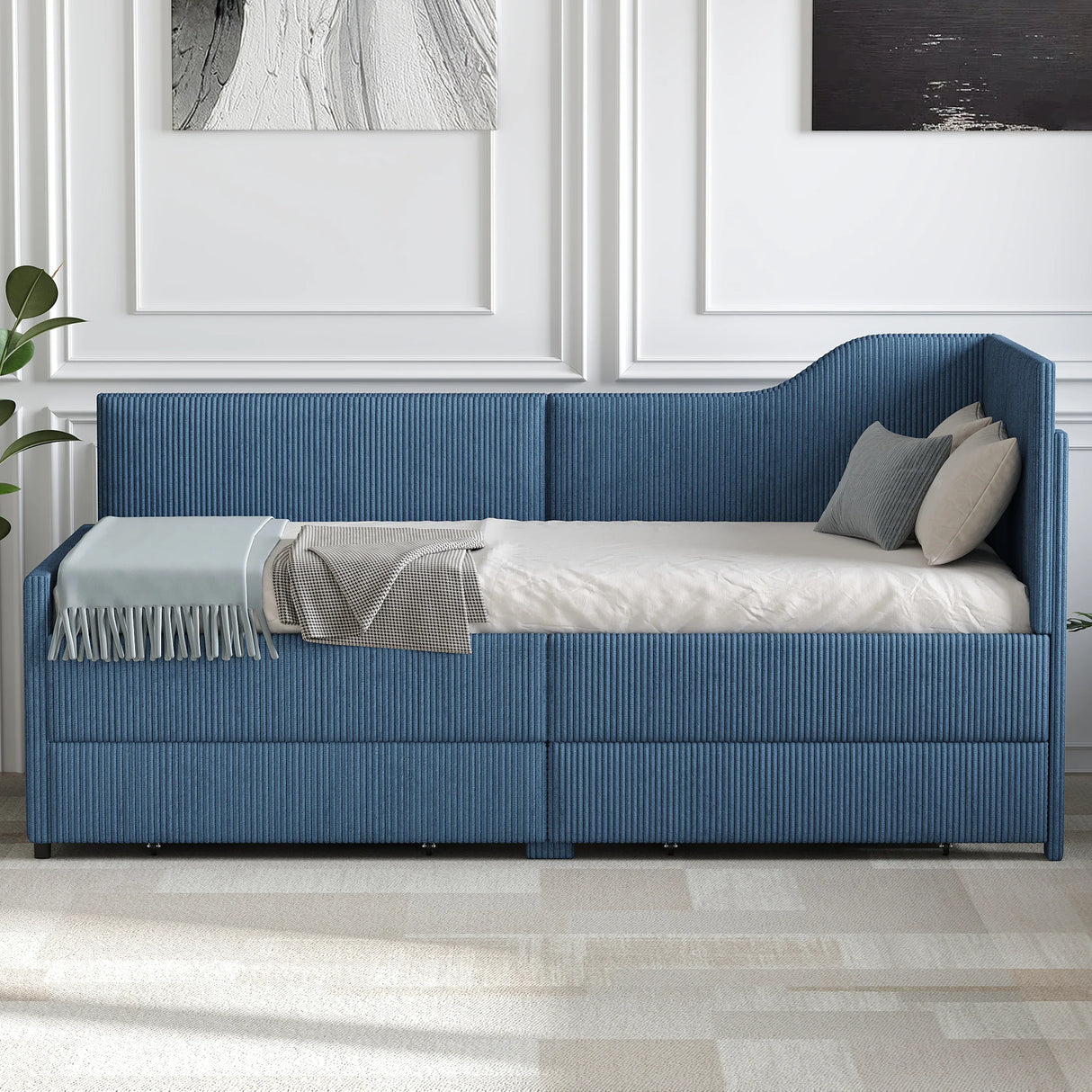 Twin L-Shaped Upholstered Corduroy Daybed With Drawers - Omega Lifestyles