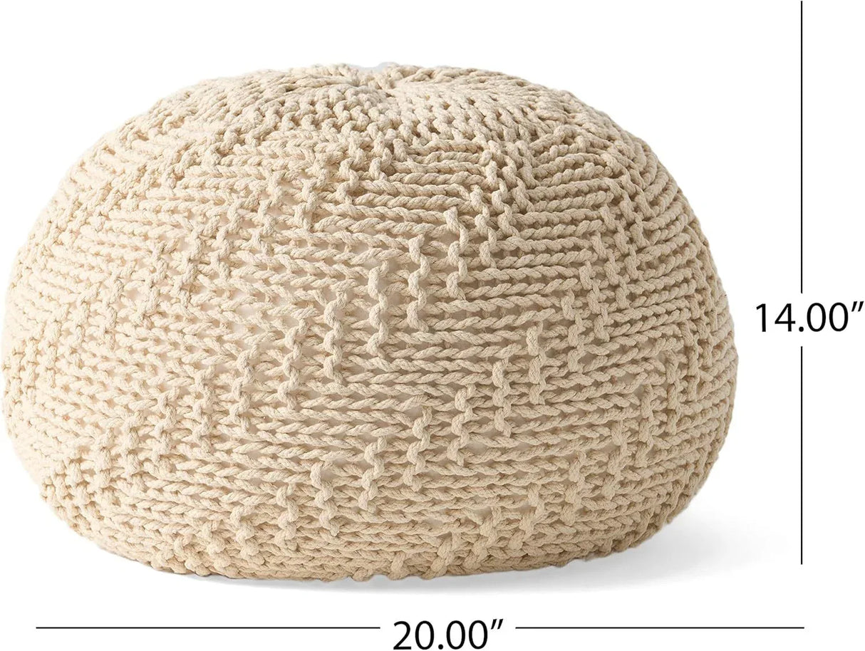 Ivory Cotton Knit Weave Modern Pouf Seat - Omega Lifestyles