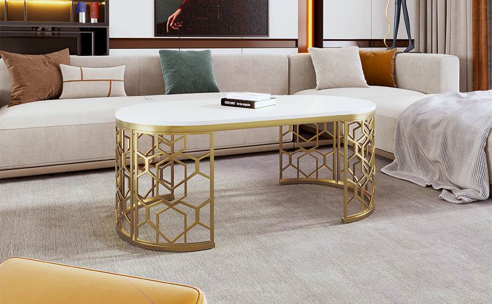 Modern Oval White MDF Gold Metal Coffee Table - Sleep Galleria