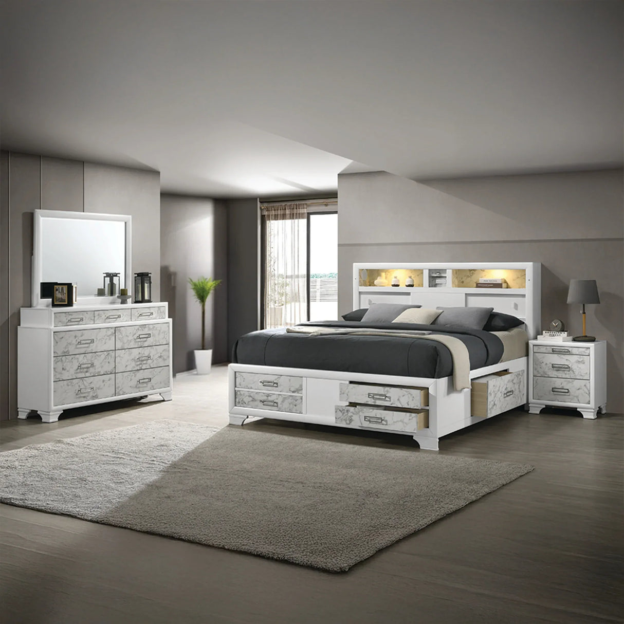 Modern White Acacia Wood Full Bed Frame With Storage - Omega Lifestyles