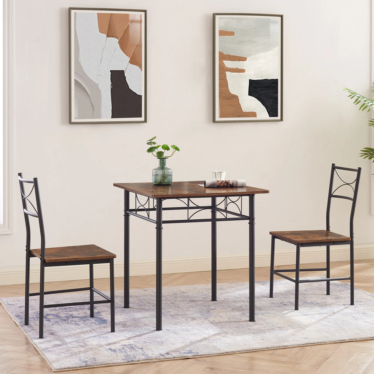 3-Piece Retro Brown Metal Wood Dining Table Set - Omega Lifestyles