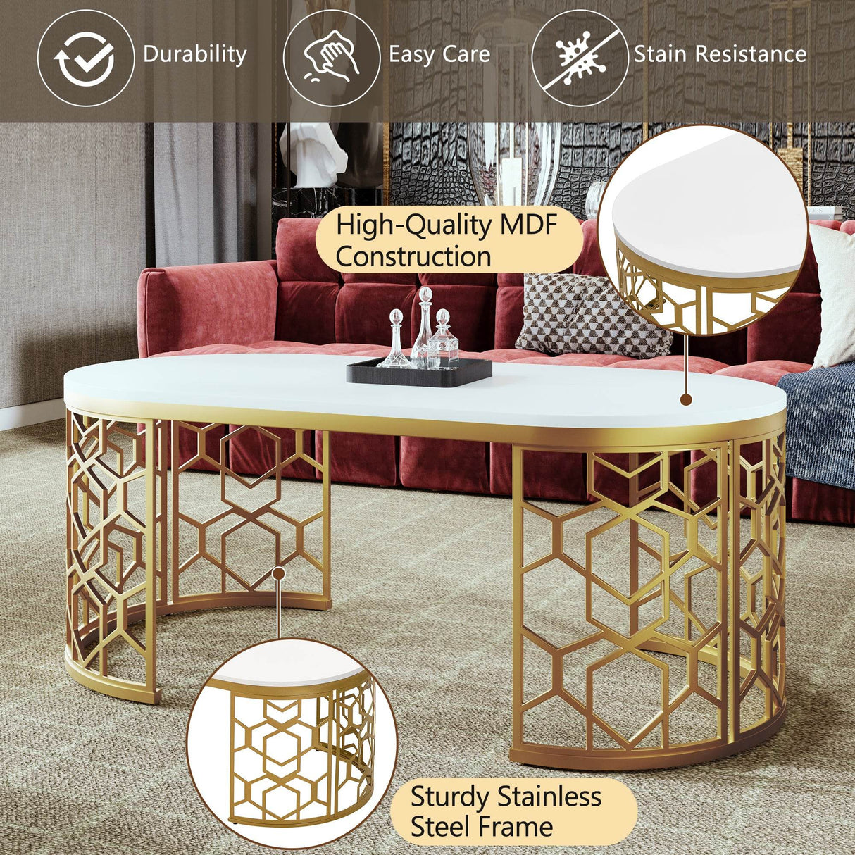 Modern Oval White MDF Gold Metal Coffee Table - Sleep Galleria