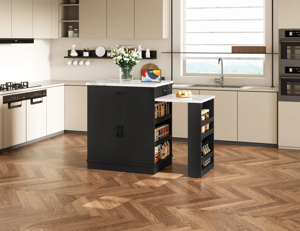 Extendable Black Kitchen Island With Storage Cabinet - Omega Lifestyles