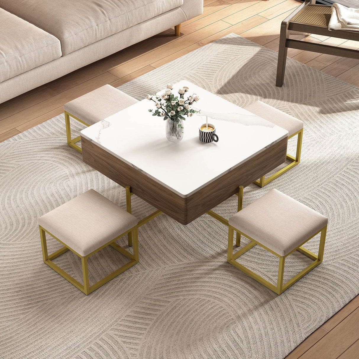 Modern Square Lift-Top Coffee Table Set With Ottomans - Sleep Galleria