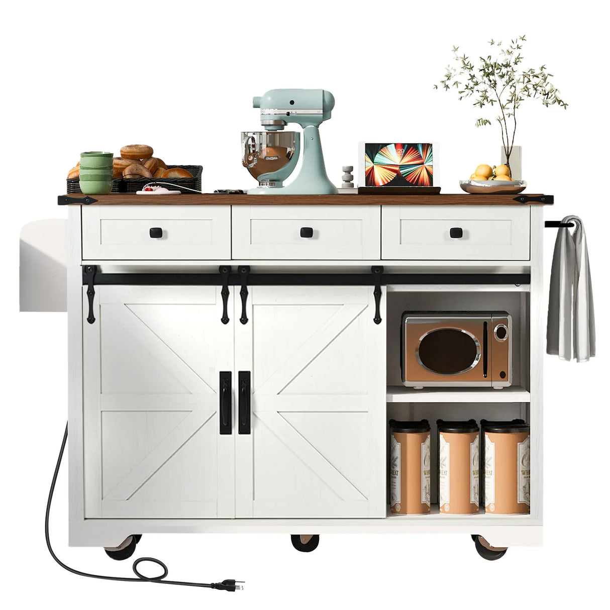 Farmhouse Kitchen Island Rolling Cart With Power Outlet - Omega Lifestyles