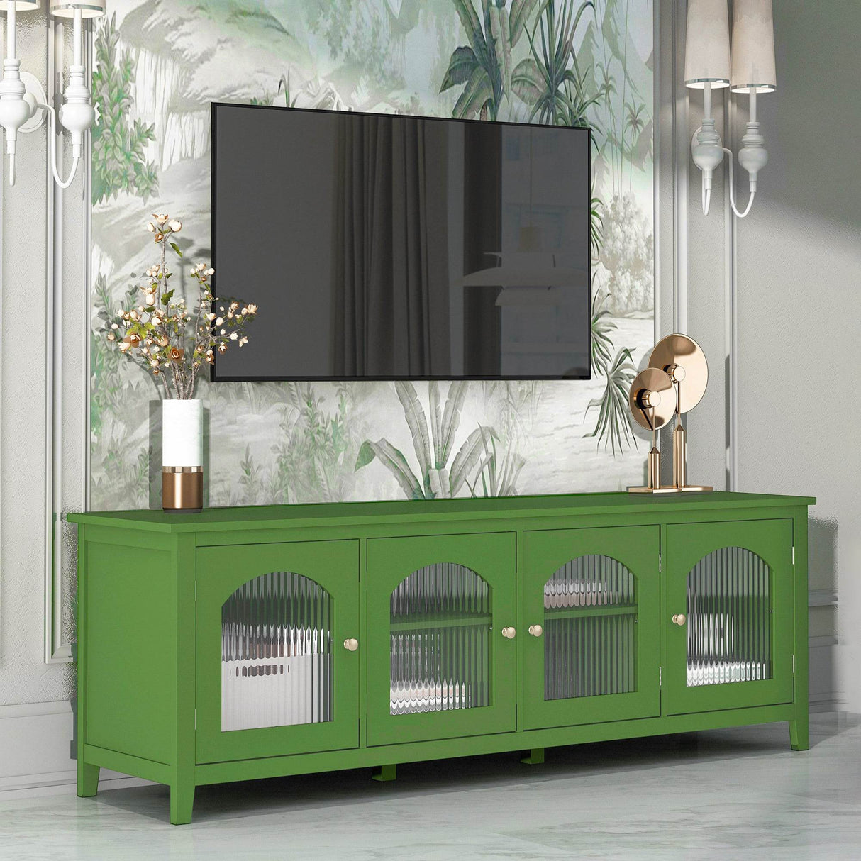 Antique Green Solid Wood TV Cabinet With Glass Door - Sleep Galleria