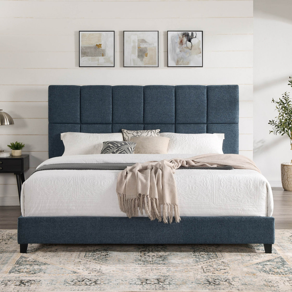 Navy Blue Denim Upholstered Panel Bed King