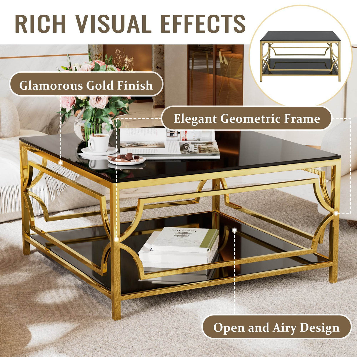 Modern Square Glass Coffee Table With Gold Metal Frame - Sleep Galleria