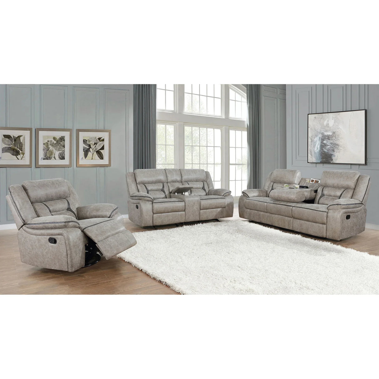 Taupe Upholstered 3-Piece Manual Reclining Living Room Set - Omega Lifestyles