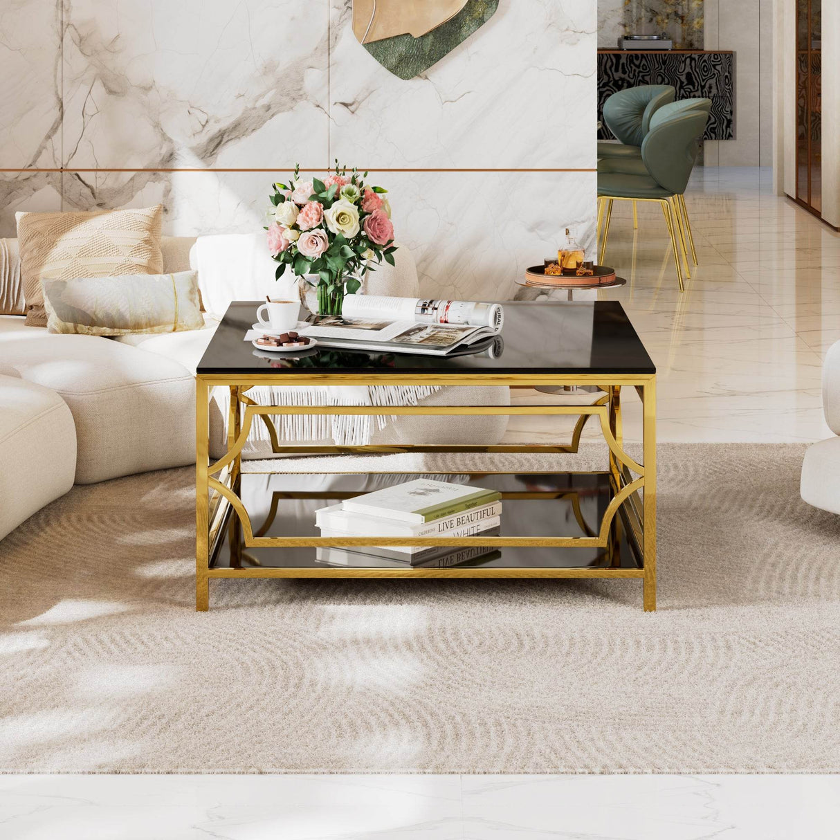 Modern Square Glass Coffee Table With Gold Metal Frame - Sleep Galleria