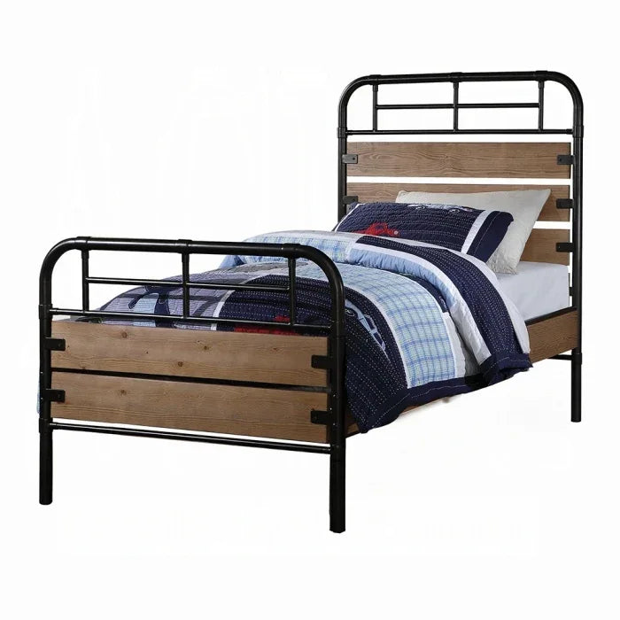 Twin Panel Bed Metal Frame With Oak Wooden Slats - Omega Lifestyles