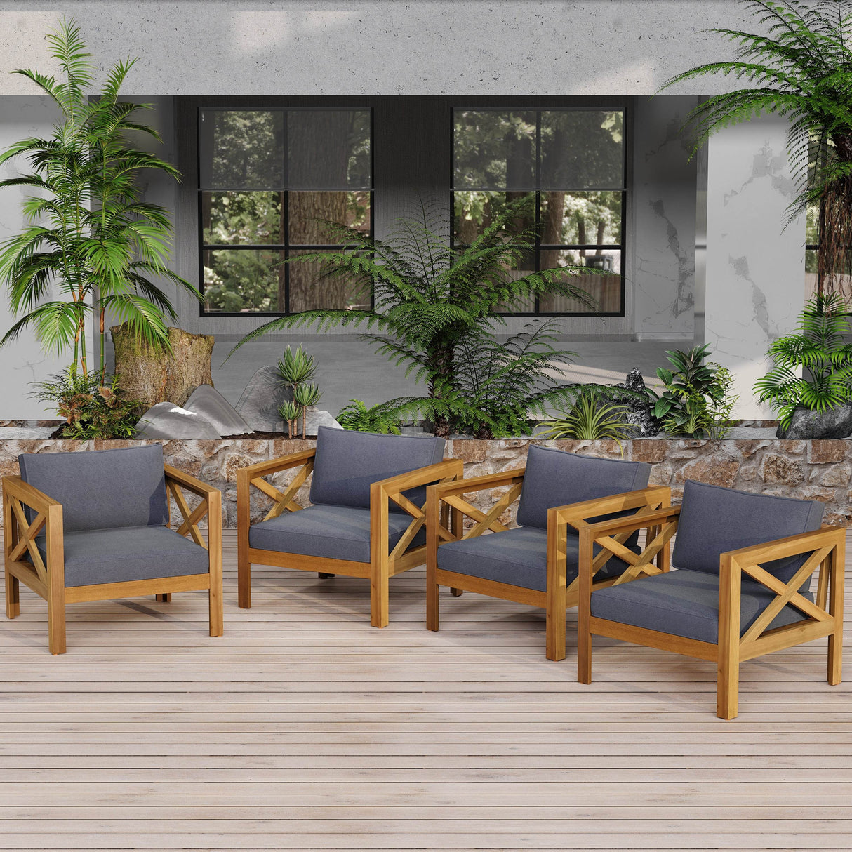 Set of 4 Outdoor Acacia Wood Club Chairs With Cushions