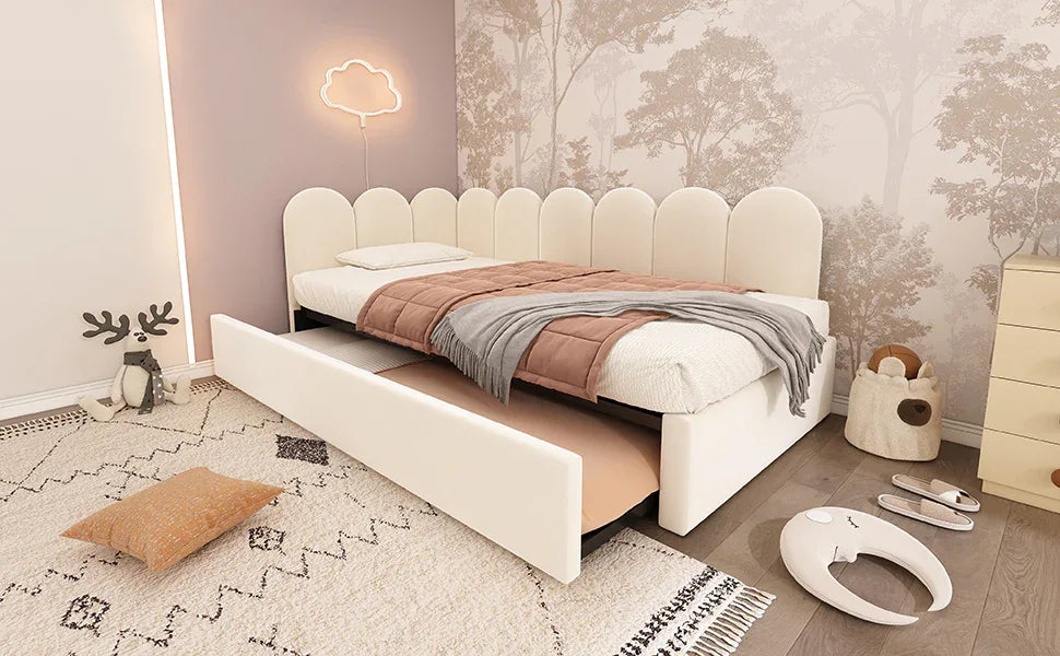 Beige Velvet L-Shaped Twin Daybed With Pull-Out Trundle - Omega Lifestyles