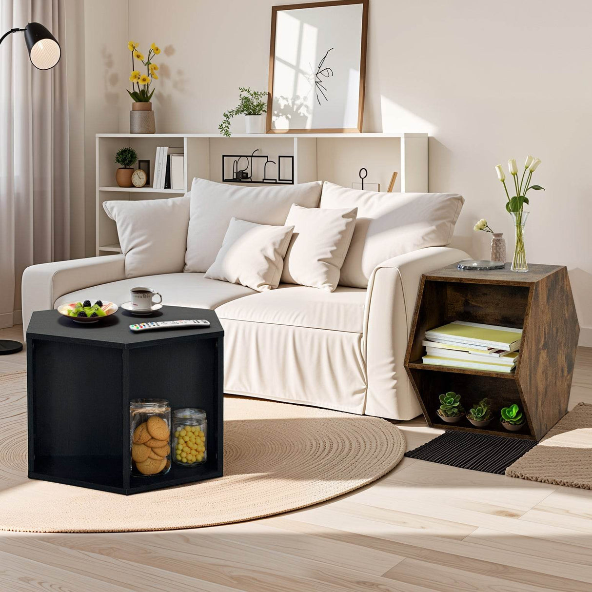 Hexagonal Antique Wood MDF Coffee Table Nightstand - Sleep Galleria