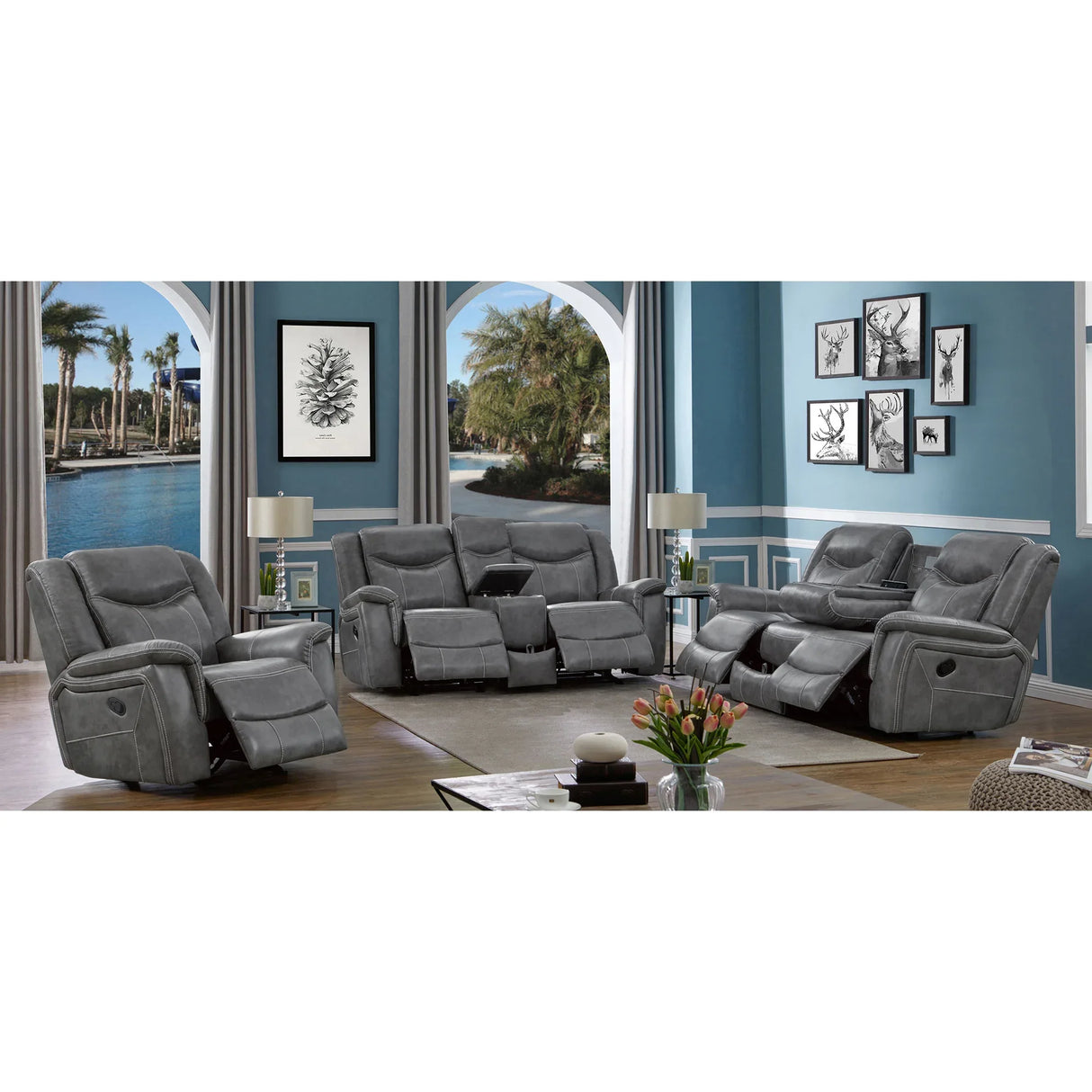 Grey Upholstered Faux Leather Padded Arm Glider Recliner - Omega Lifestyles