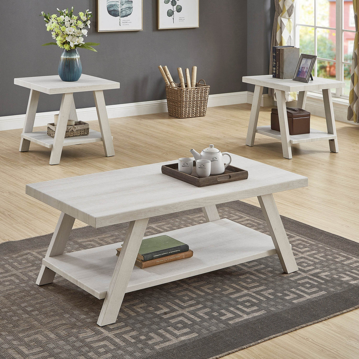 Contemporary White Wood Shelf Coffee Table Set - Sleep Galleria