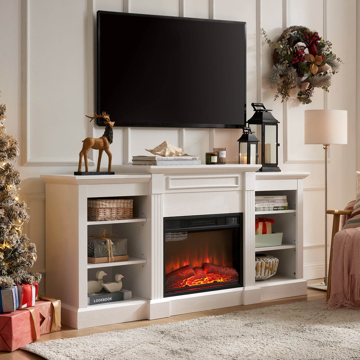 White Media Console Table With Fireplace Insert - Sleep Galleria