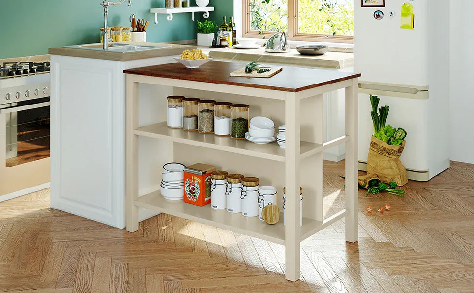 Rustic Solid Wood Kitchen Island With Open Shelves - Omega Lifestyles