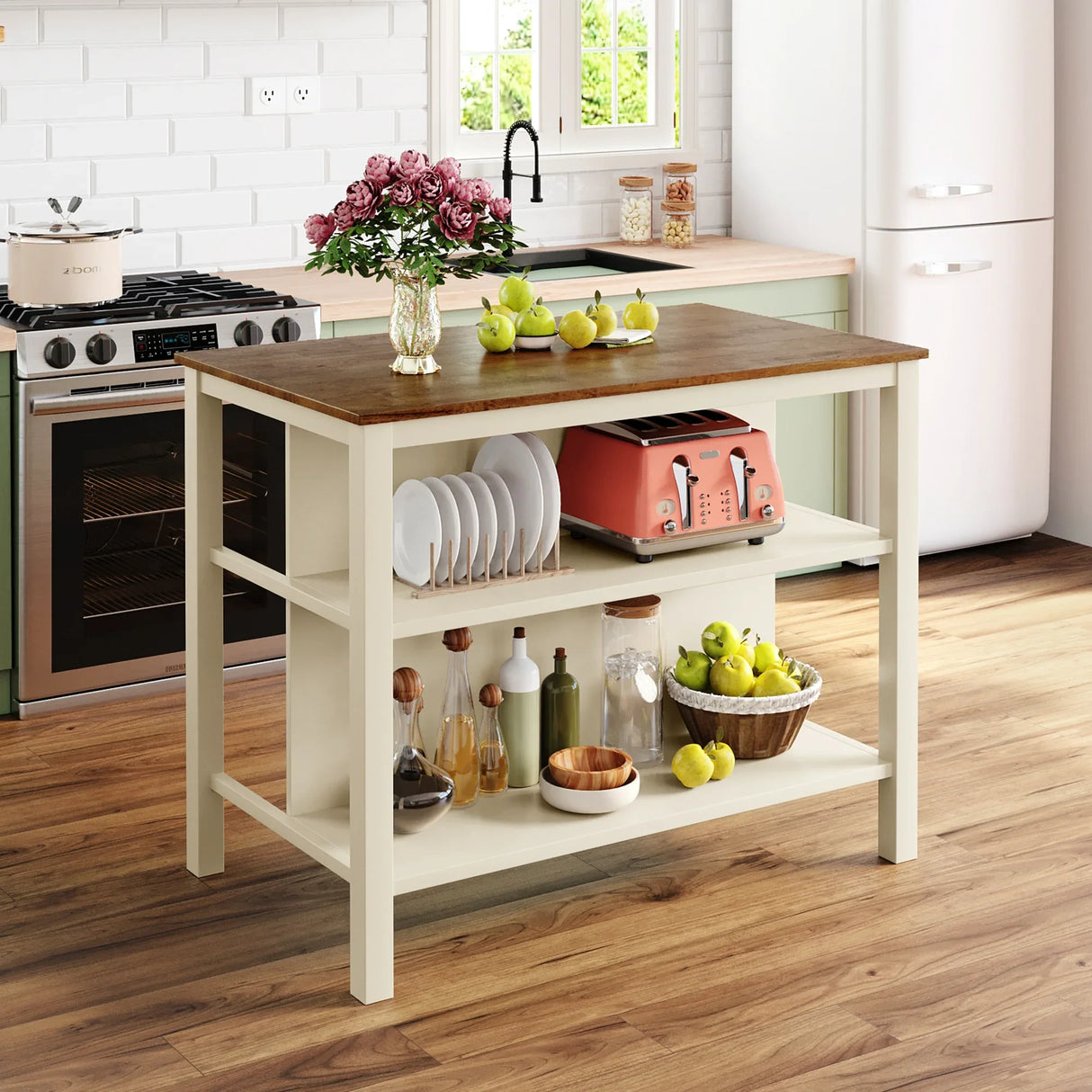 Rustic Solid Wood Kitchen Island With Open Shelves - Omega Lifestyles