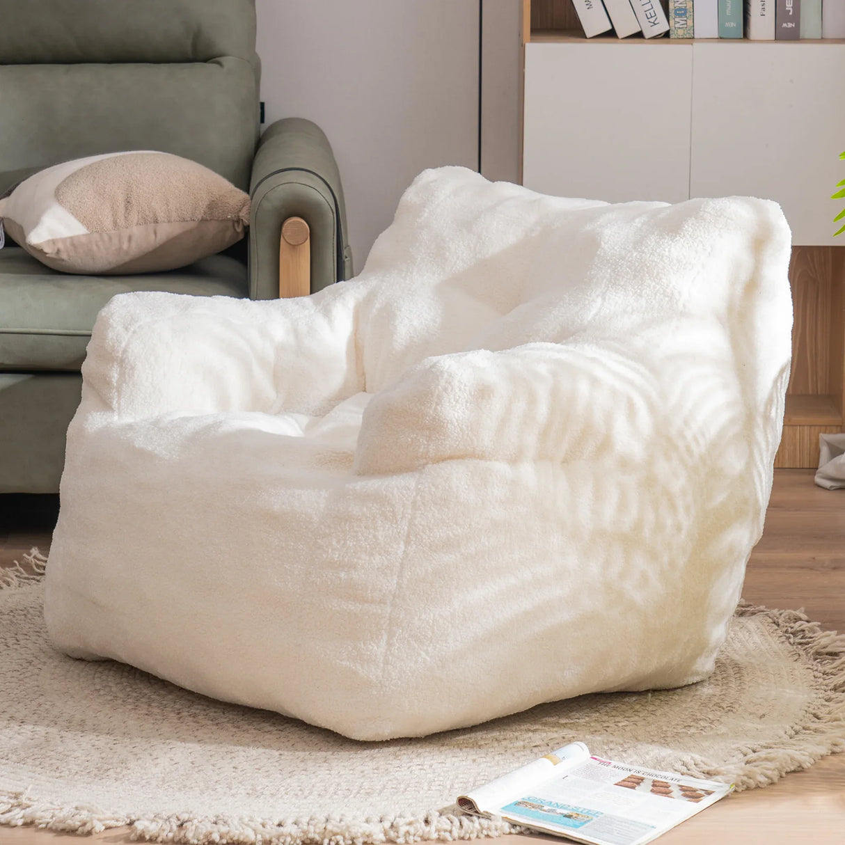 Ivory Soft Teddy Fabric Foam Bean Bag Chair - Omega Lifestyles