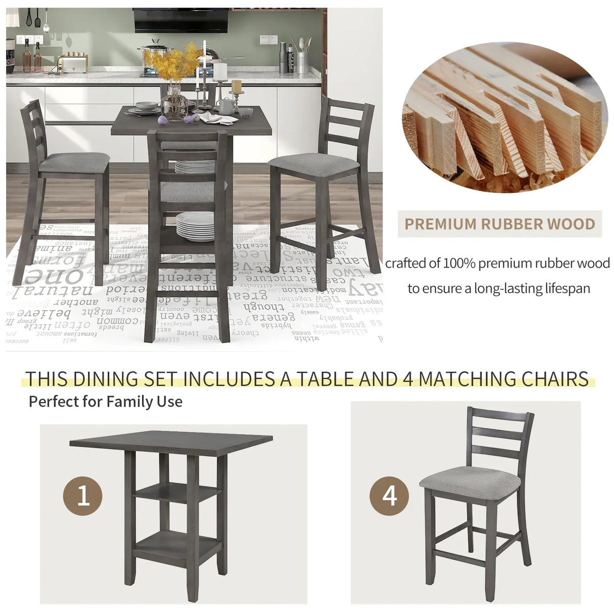 5-Piece Solid Wood Counter Height Dining Set With Chairs - Omega Lifestyles