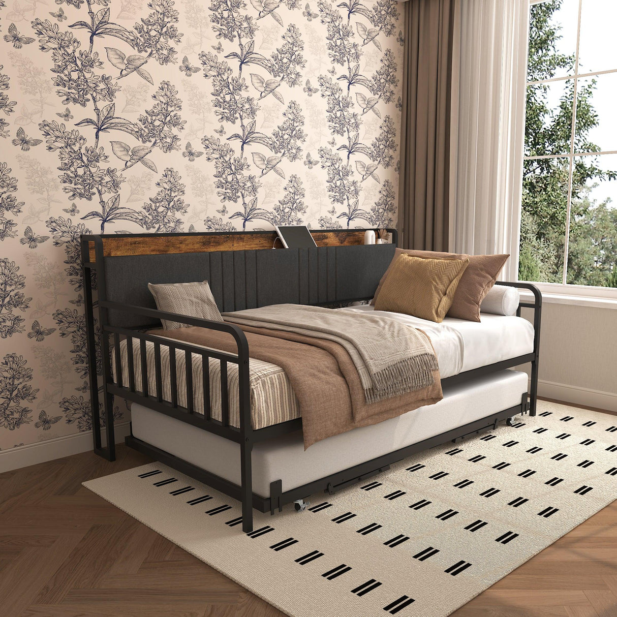 Twin Metal Frame Daybed With Trundle Upholstered Headboard Charging - Omega Lifestyles