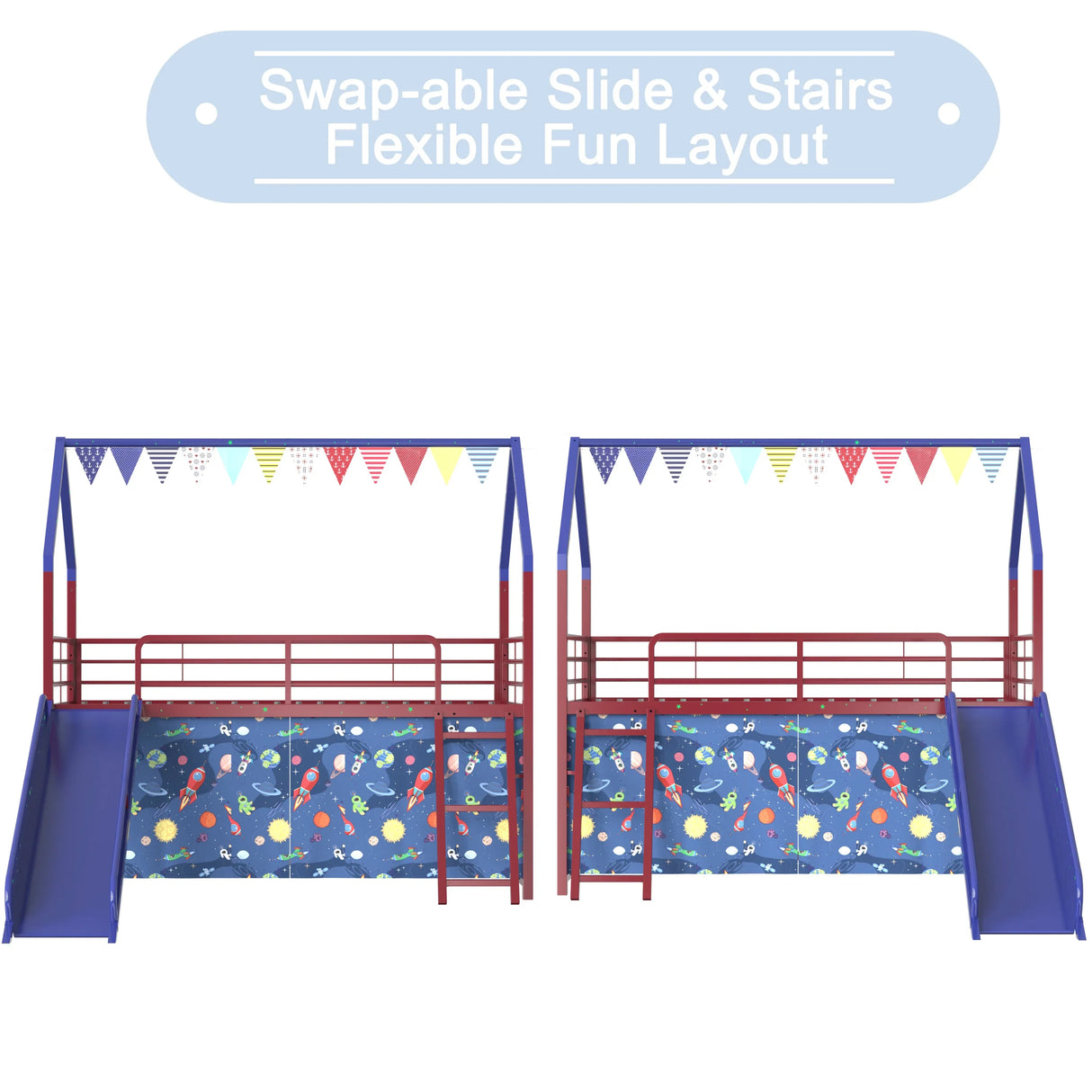Twin Metal Junior House Loft Bed With Slide And Curtain - Omega Lifestyles