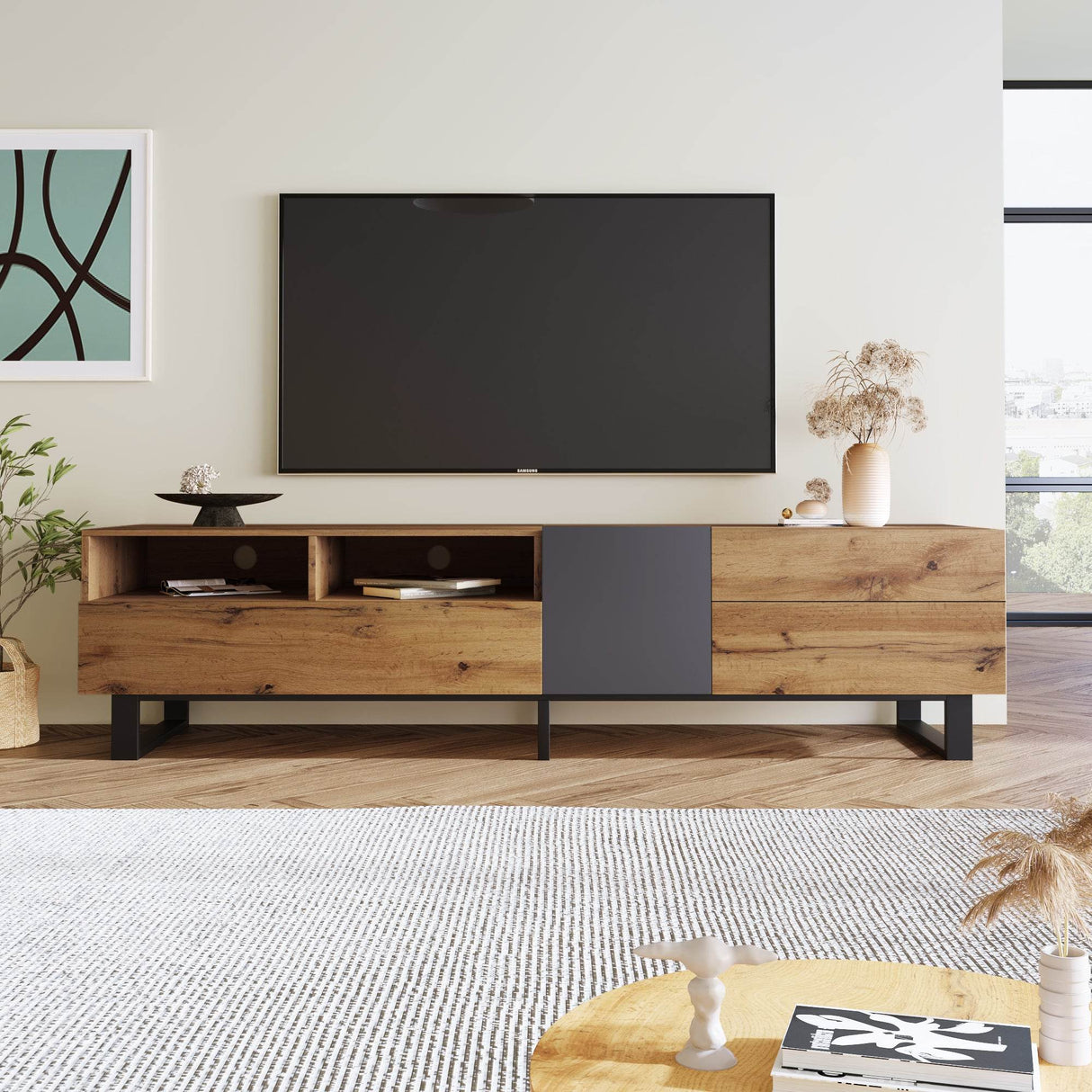 Modern Wood TV Stand With Drop Down Storage - Sleep Galleria