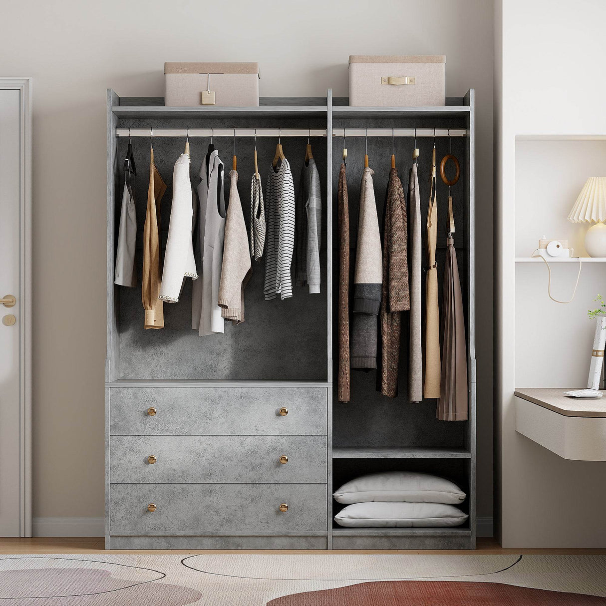 Open Particle Board Gray Wardrobe With Drawers