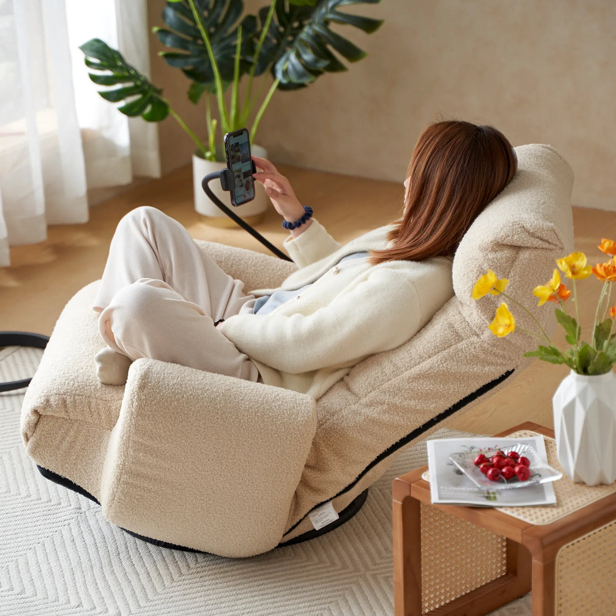 Adjustable Beige Soft Plush Rotating Lounge Chair - Omega Lifestyles