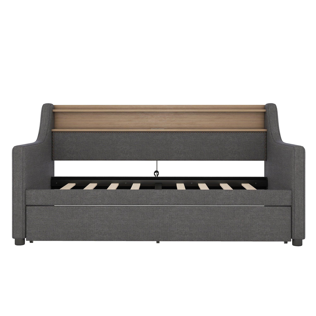 Twin Linen Upholstered Daybed With Trundle Charging Station - Omega Lifestyles