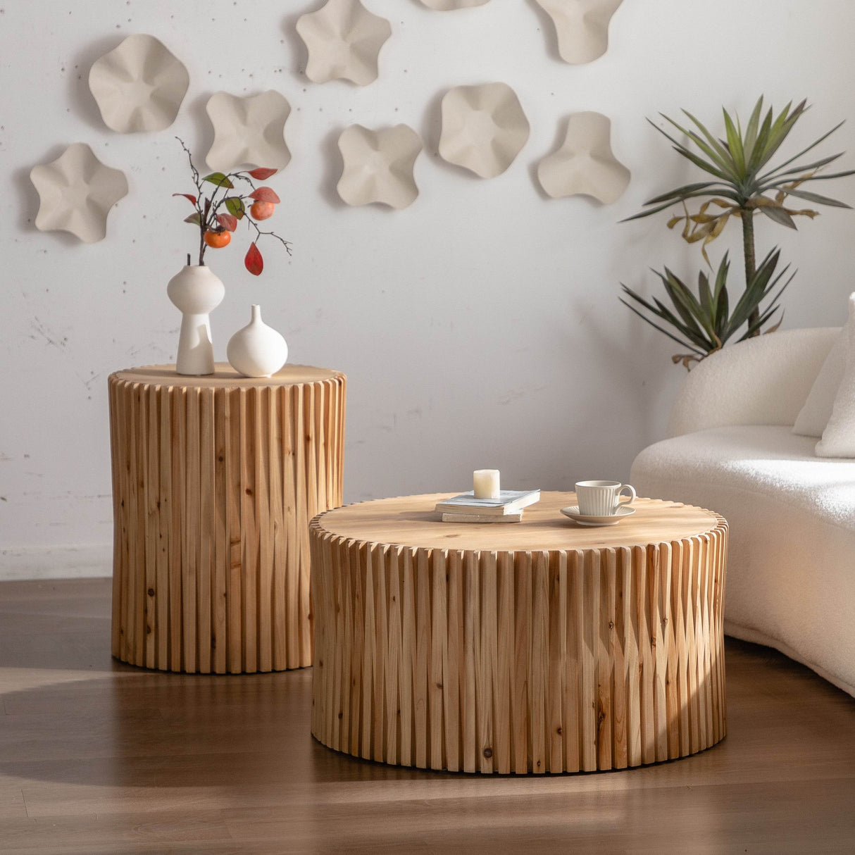 Set of 2 Natural MDF Fir Round Coffee Tables - Omega Lifestyles