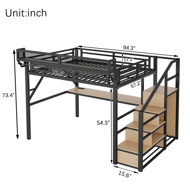 Full Metal Full Size Loft Bed With Desk Charging Station - Omega Lifestyles