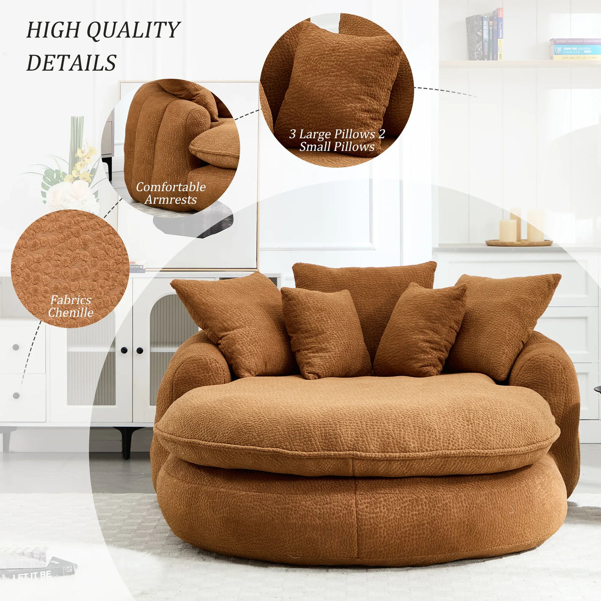 Oversized Chenille Memory Foam Bean Bag Sofa With Pillows - Omega Lifestyles