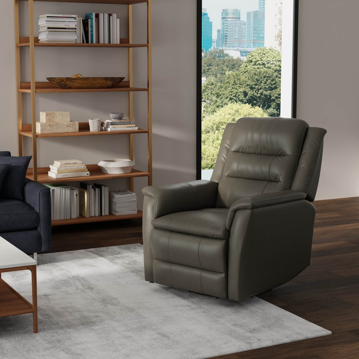 Swivel Glider Recliner With Manual Footrest And Leather Upholstery