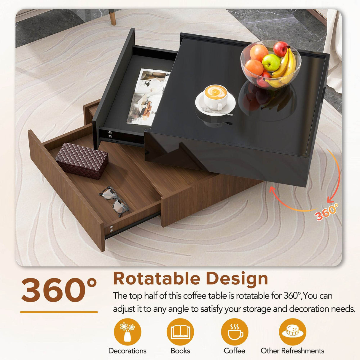 360 Degree Rotating Square Coffee Table With Drawers - Omega Lifestyles